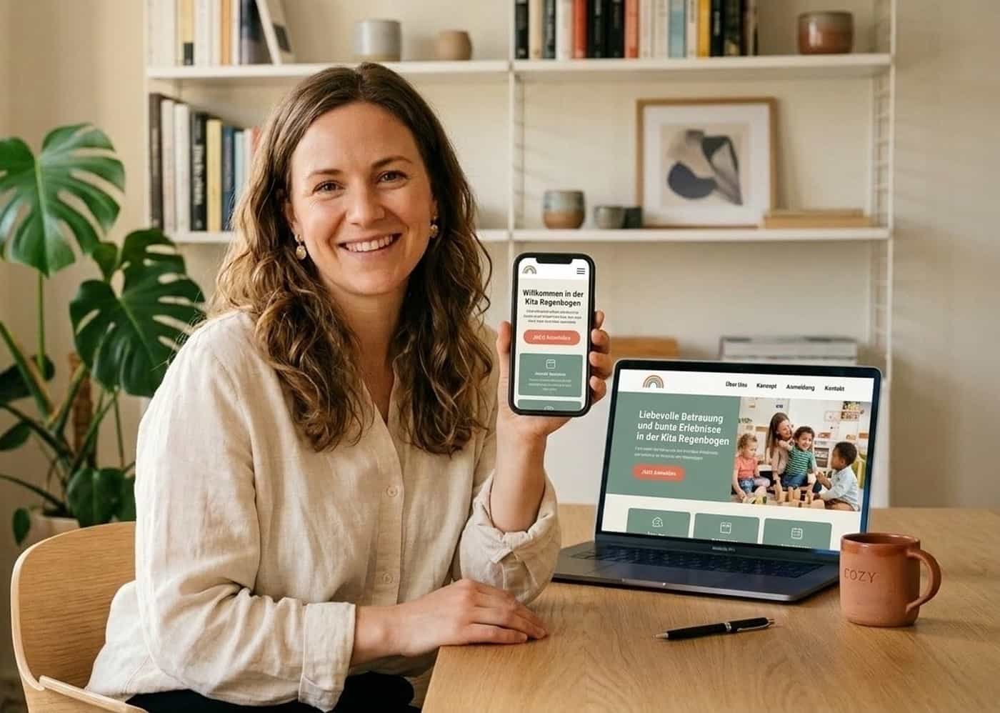 Kita-Leitung zeigt ihre neue professionelle Kita-Website auf Laptop und Smartphone